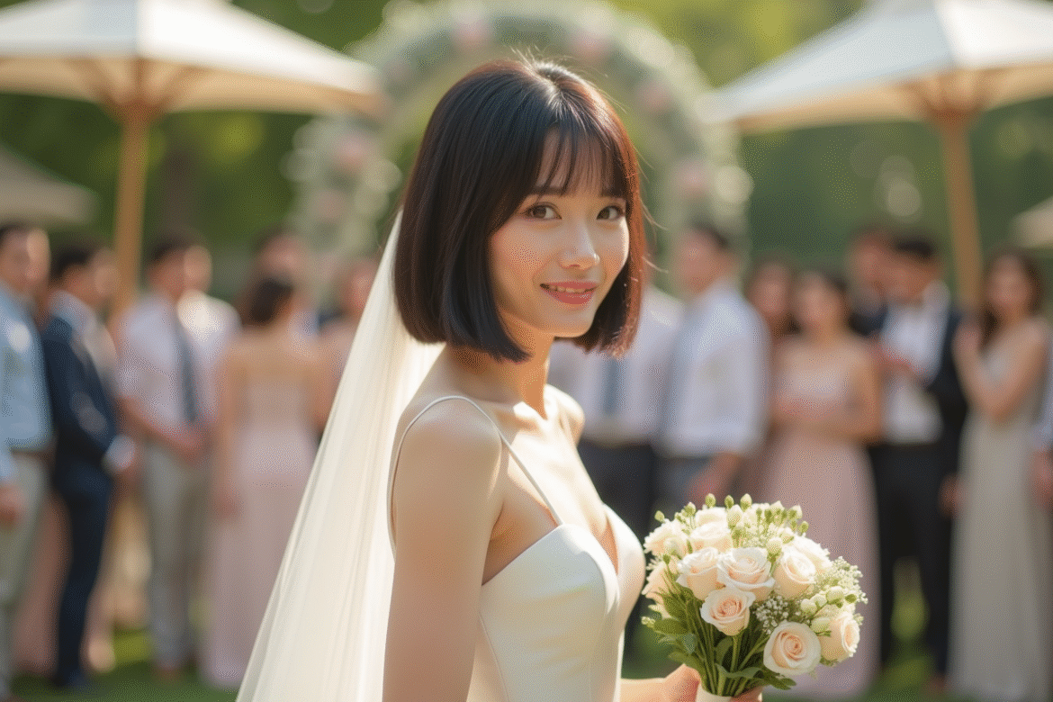 Mariée avec coupe carré élégante en extérieur