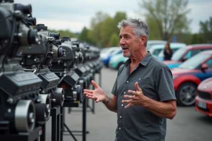 Homme d'âge moyen devant deux moteurs haute performance