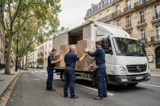 Équipe de déménageurs professionnels chargeant un camion dans une rue résidentielle de Lyon en Auvergne-Rhône-Alpes