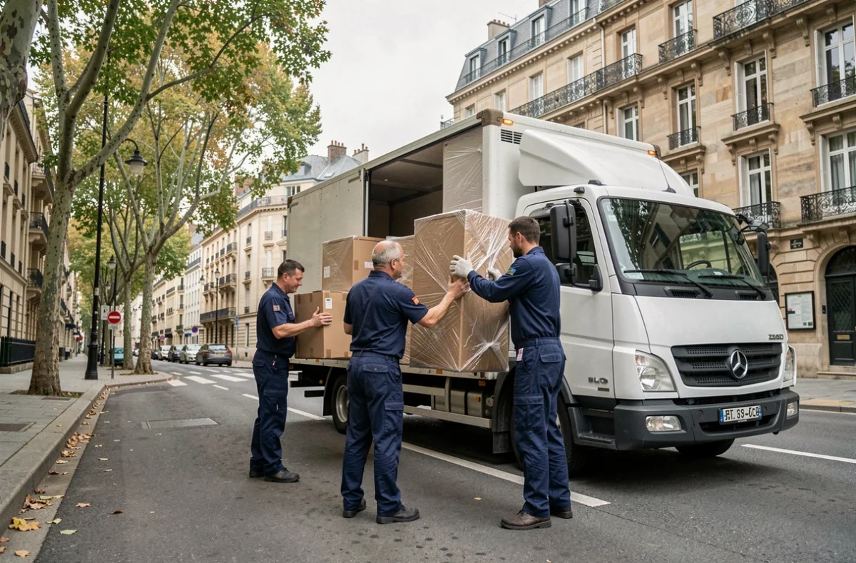 Équipe de déménageurs professionnels chargeant un camion dans une rue résidentielle de Lyon en Auvergne-Rhône-Alpes