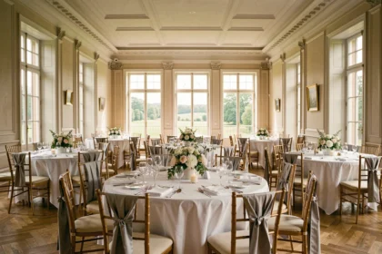 Vue panoramique d'une grande salle de réception élégante dans le Val-d'Oise, tables rondes dressées en blanc avec des compositions florales