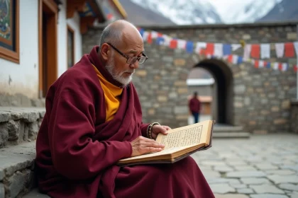 Moine tibétain âgé étudiant un manuscrit ancien dans un monastère himalayen, évoquant les légendes de Shamballa