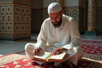 Musulman méditant avec le Qur'an dans une mosquée ornée