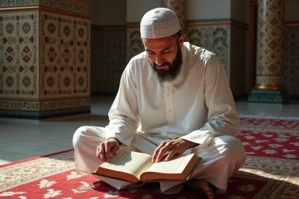 Musulman méditant avec le Qur'an dans une mosquée ornée