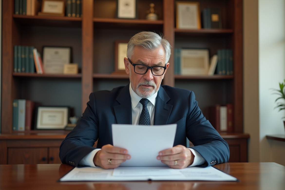 Notaire en costume dans son bureau avec documents