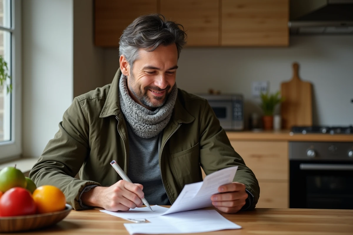 Pere vérifiant ses notes de courses à la maison