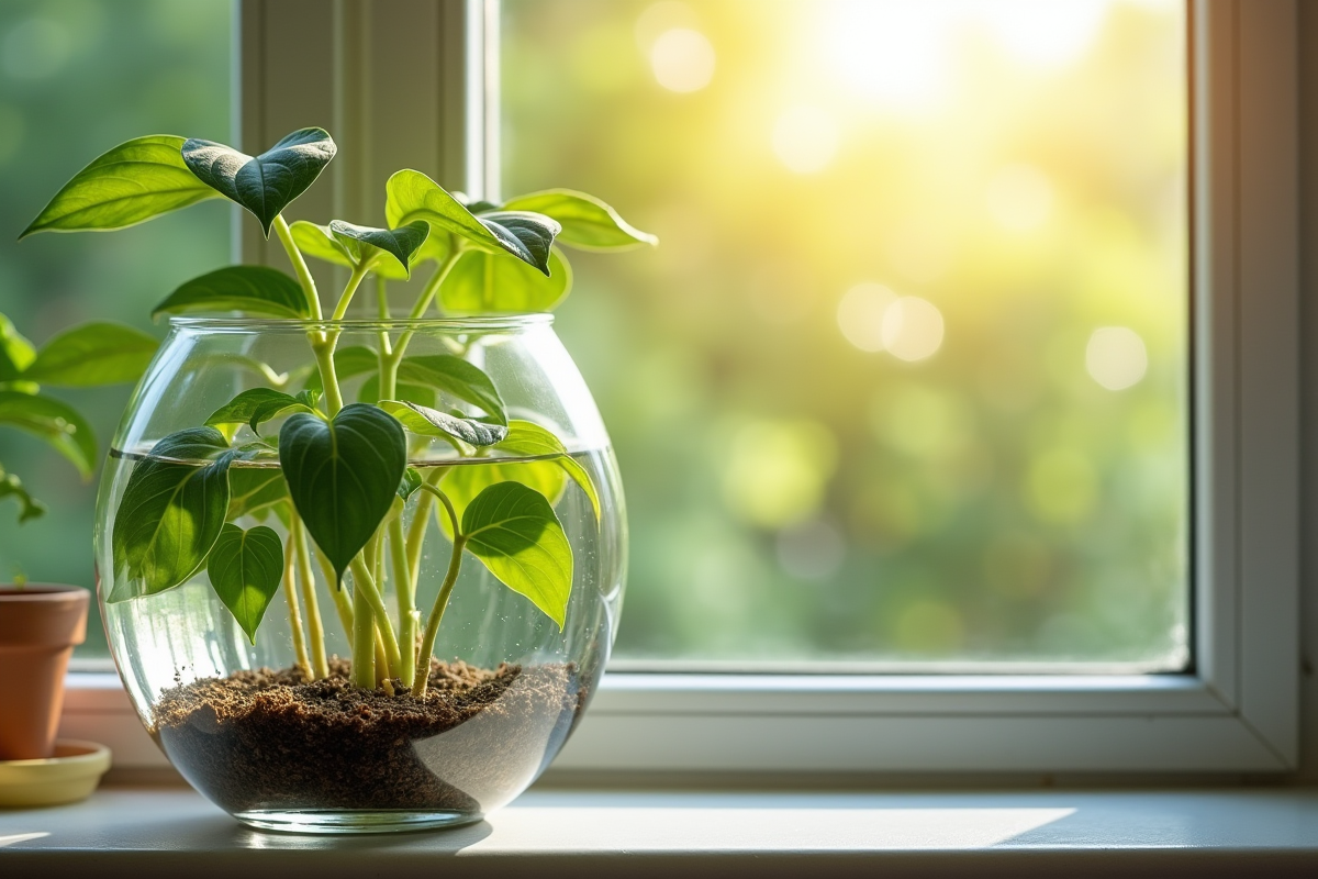 Passiflore en racines dans un vase avec lumière naturelle