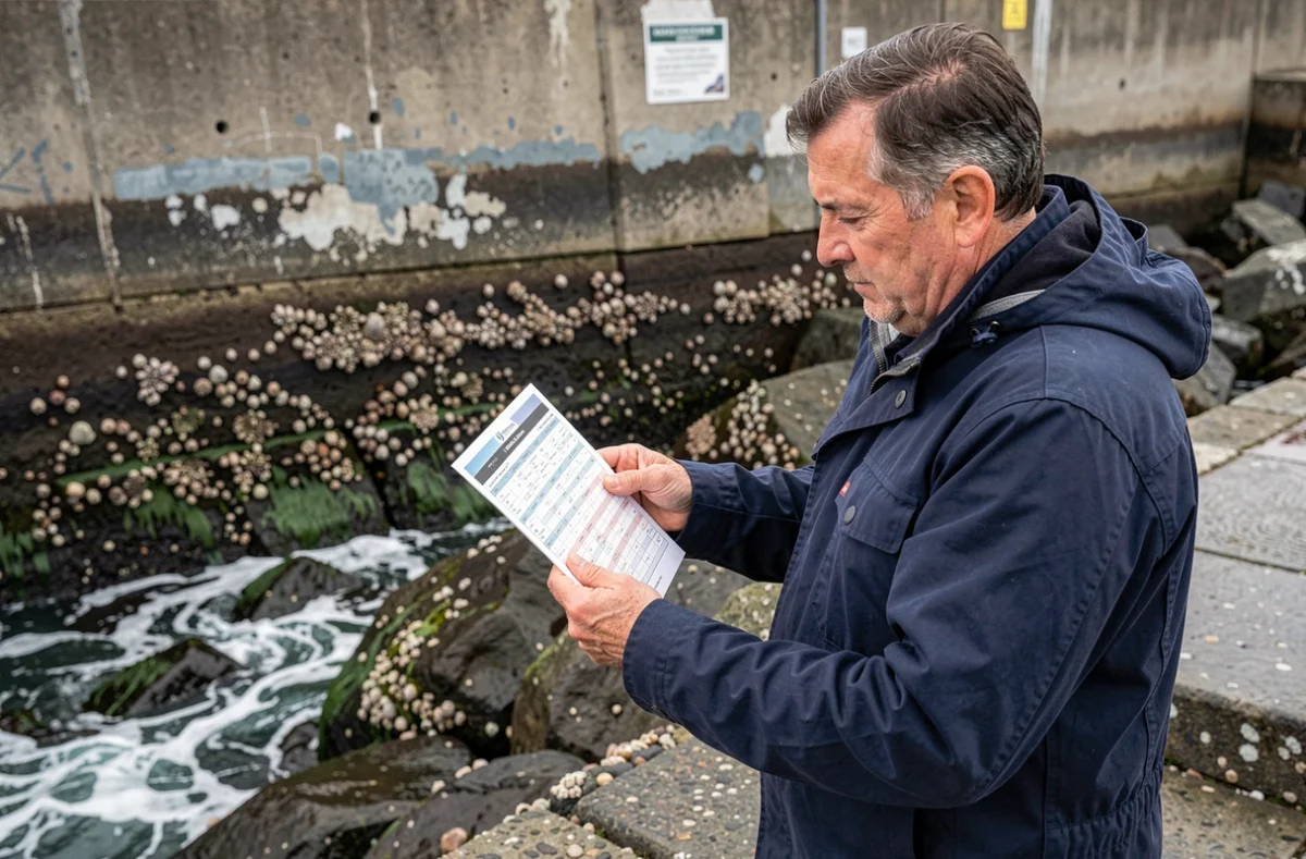 Pêcheur consultant un tableau horaire des marées sur une jetée rocheuse à Anglet