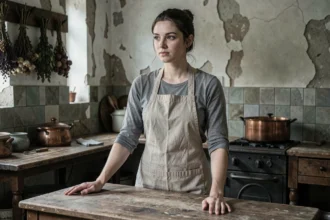Jeune femme en tablier dans une cuisine ancienne française, évoquant la condition de domestique au début du XXe siècle