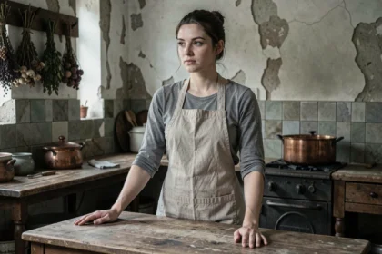 Jeune femme en tablier dans une cuisine ancienne française, évoquant la condition de domestique au début du XXe siècle