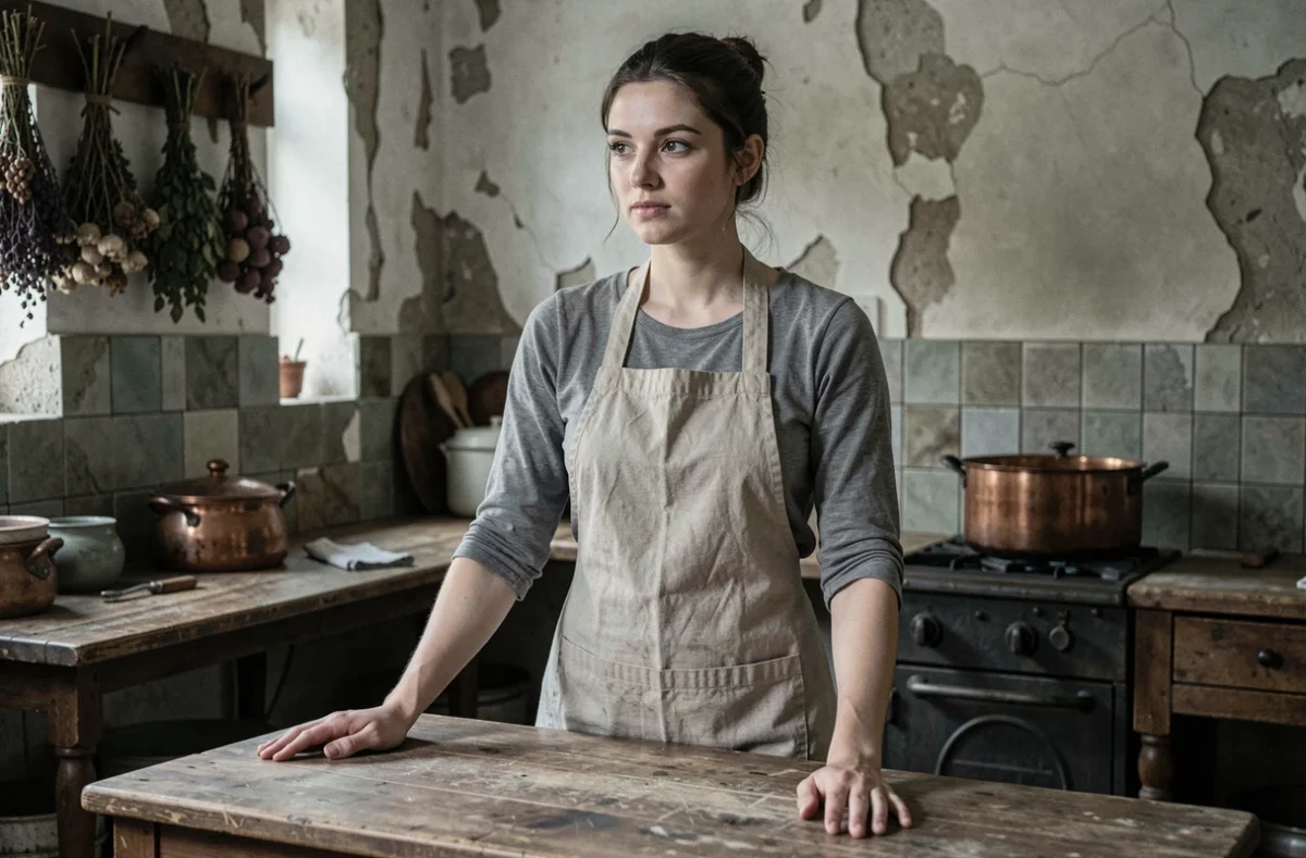 Jeune femme en tablier dans une cuisine ancienne française, évoquant la condition de domestique au début du XXe siècle