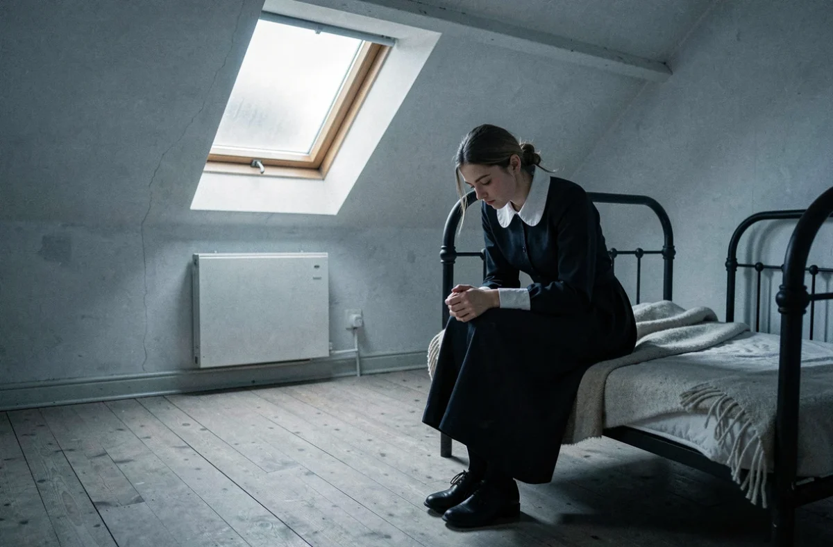 Jeune domestique assise dans une chambre de bonne austère sous les toits, exprimant l'isolement et la mélancolie
