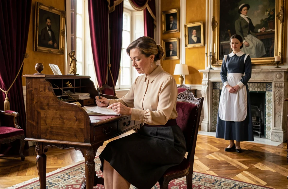 Femme bourgeoise dans un salon parisien ancien face à sa domestique, illustrant la hiérarchie sociale et le rapport de pouvoir