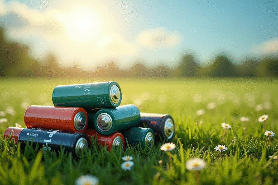 Pile de batteries usagées sur l'herbe verte polluée