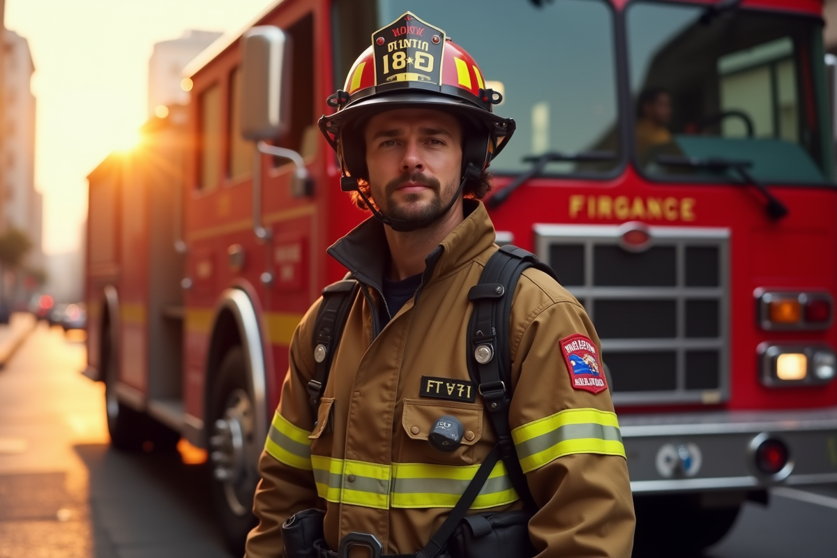 Pompière en équipement moderne devant un camion de pompiers rouge