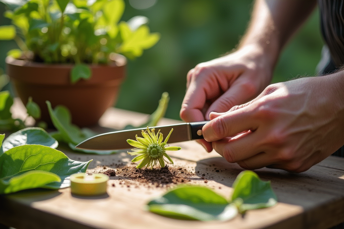 Mains de jardinier préparant une passiflore avec un couteau