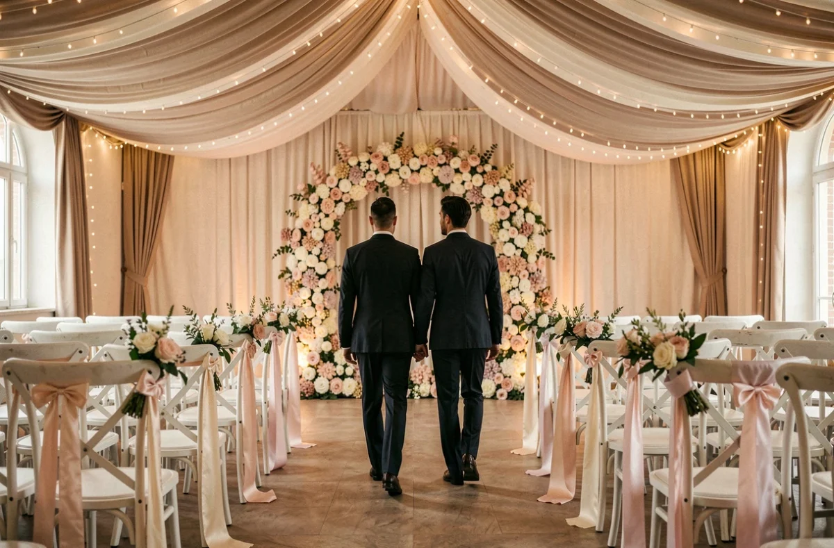 Décoration de mariage sur mesure chez Primera à Éragny avec allée fleurie, chaises blanches et arche florale rose et ivoire