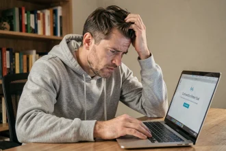 Homme frustré devant un écran d'erreur de connexion WiFi sur son ordinateur portable à domicile