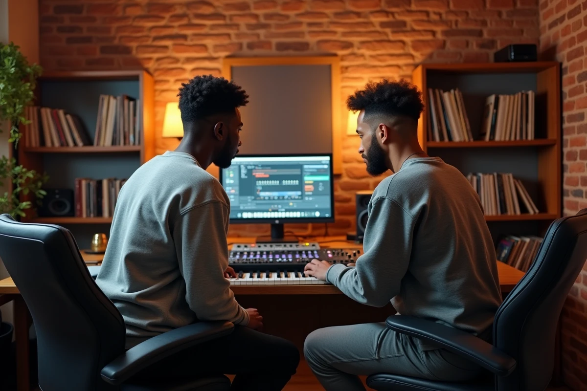 Deux producteurs de musique hip-hop travaillant en home studio sur un projet annoncé pour 2026