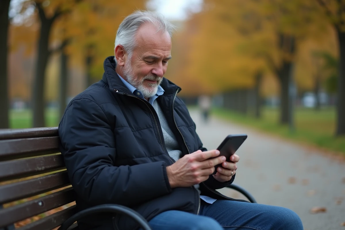Homme utilisant son smartphone dans un parc pour retrouver d'anciens amis sur Copains d'avant avec une recherche par nom