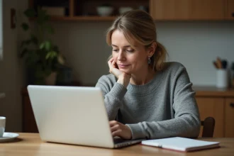 Femme cherchant un ancien camarade de classe sur Copains d'avant via une recherche par nom sur son ordinateur portable