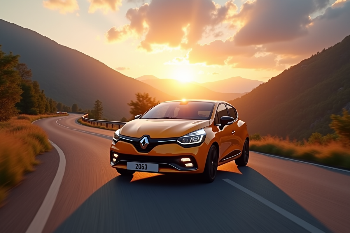Renault Clio 2 V6 en conduite sur une route de montagne au lever du soleil