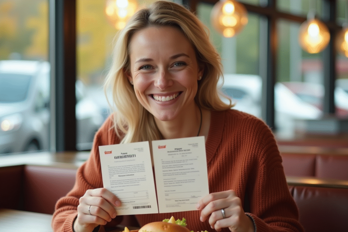 Adulte souriant tenant un reçu et un chèque vacances au restaurant