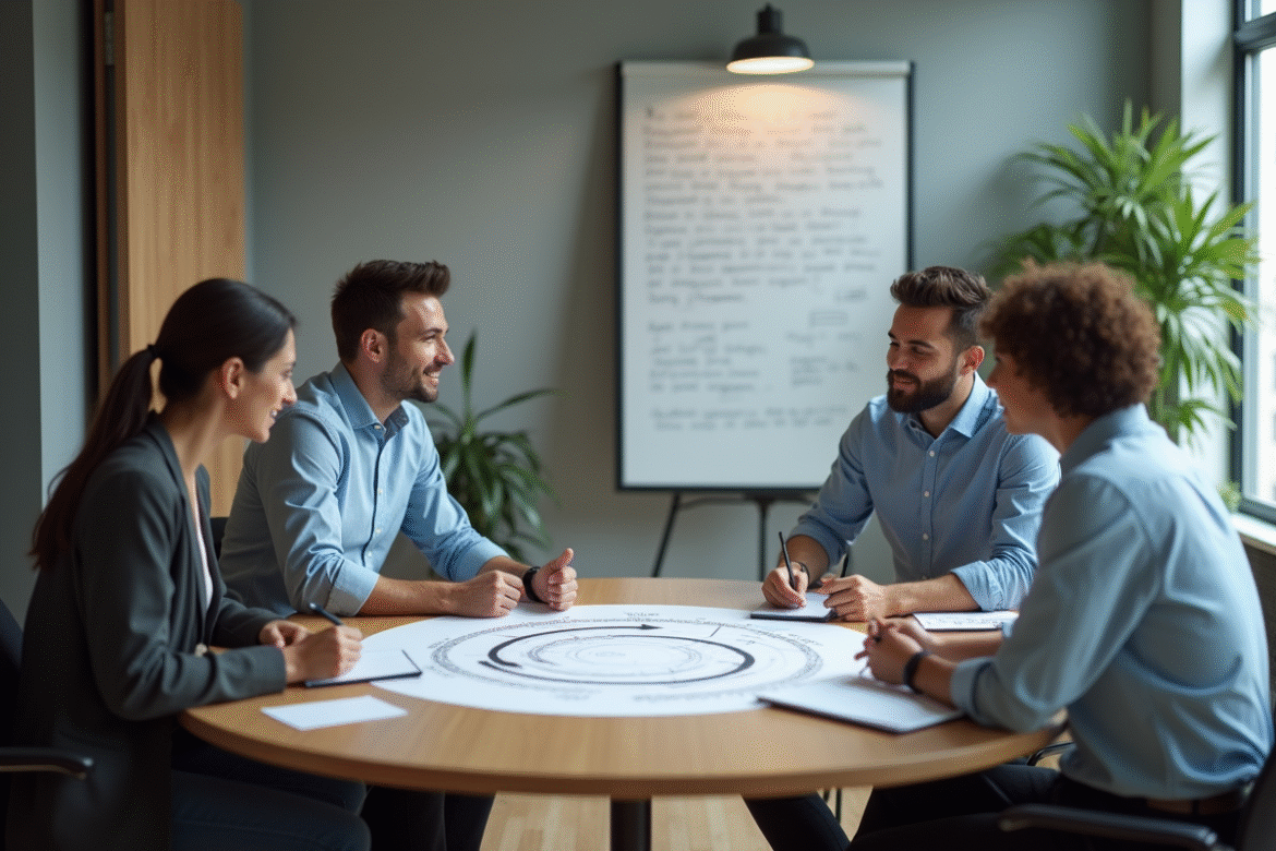 Trois adultes discutent autour d'une table en entreprise