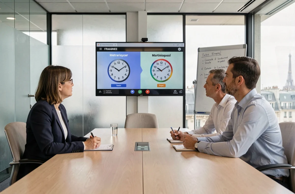 Deux collègues en réunion d'entreprise à Paris consultant un tableau de fuseaux horaires pour planifier un appel avec la Martinique