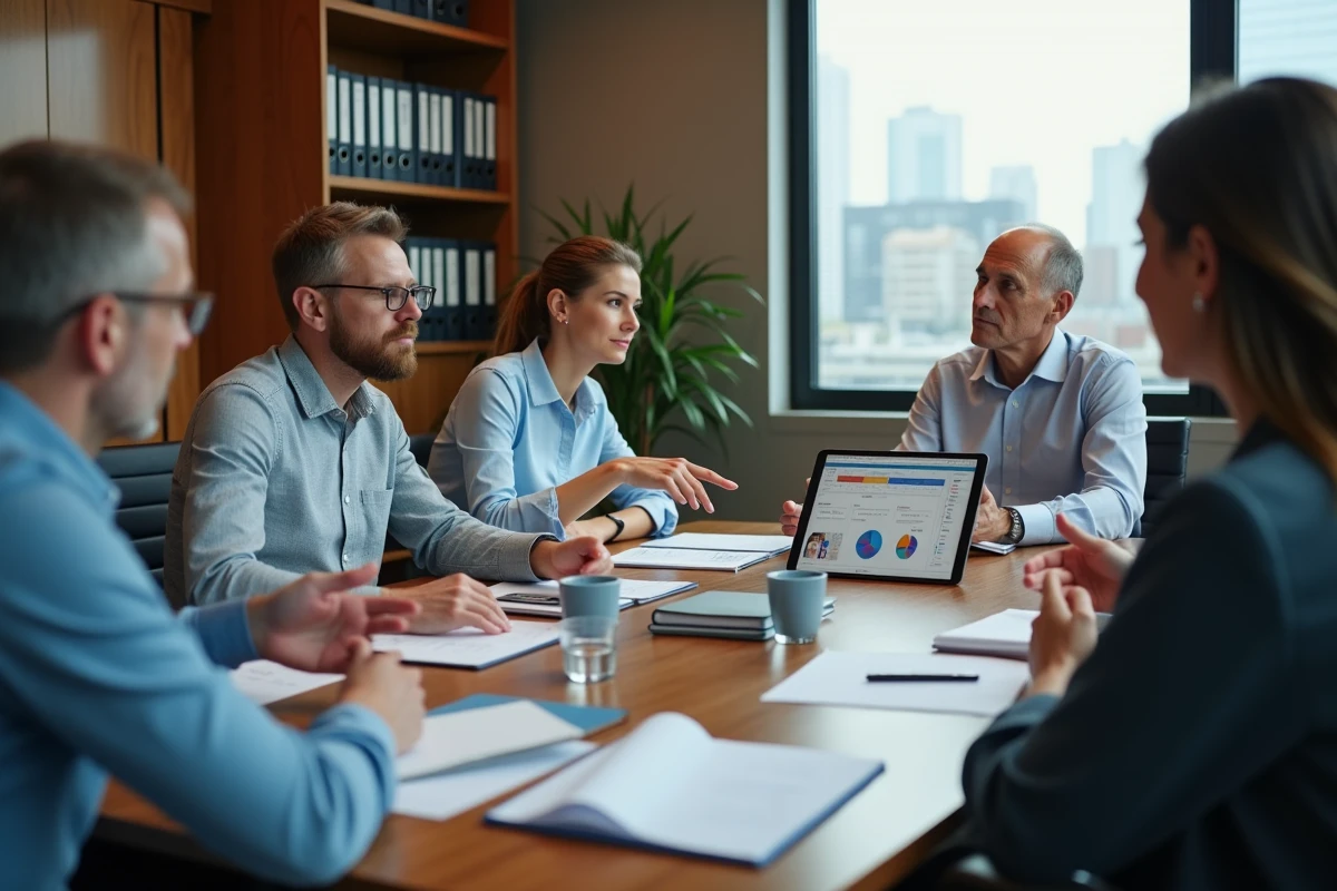 Groupe diversifié en réunion discutant autour d