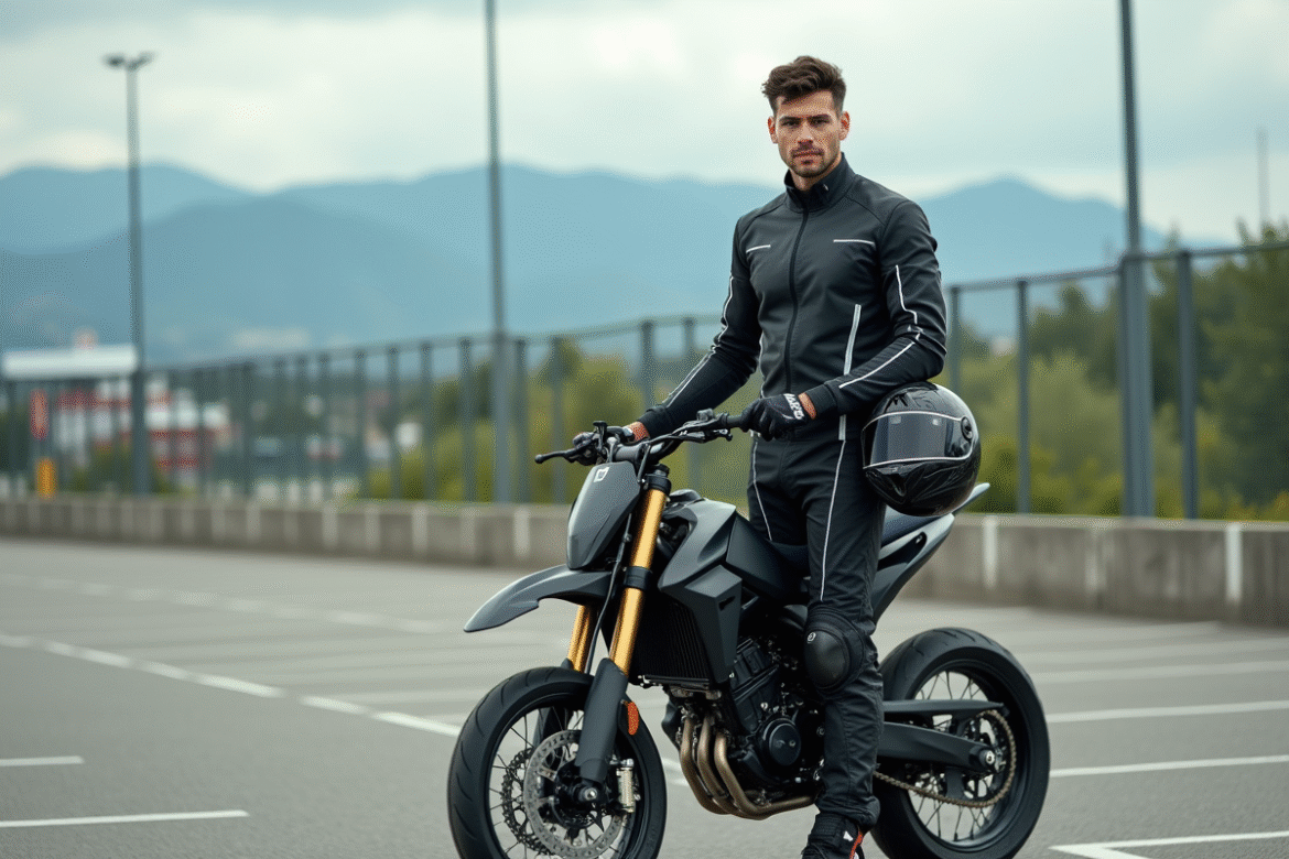 Coureur motocross avec moto supermoto en extérieur