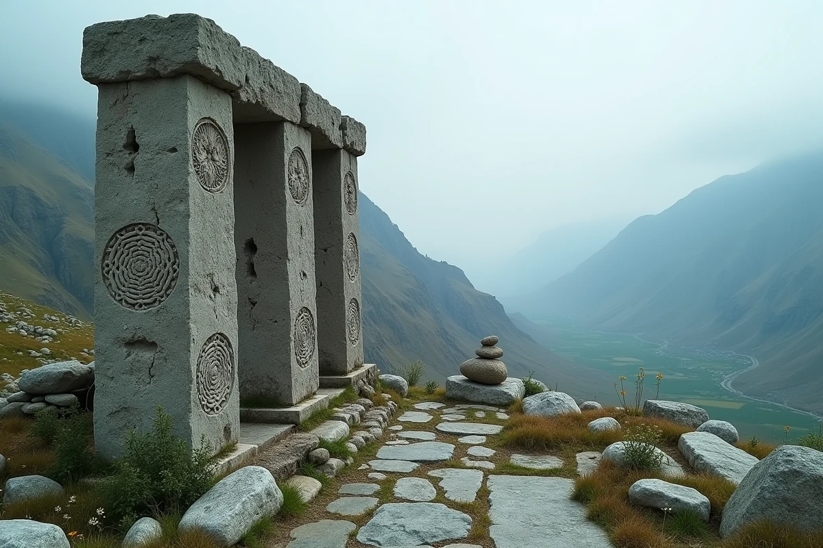 Ruines de pierre anciennes gravées de mandalas dans un paysage montagneux d'Asie centrale, symbole des légendes de Shamballa
