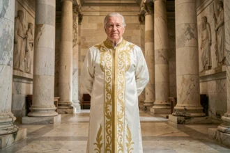 Homme âgé en robe cérémonielle blanche et or dans un palais de marbre antique symbolisant le roi des dieux dans l'univers de One Piece