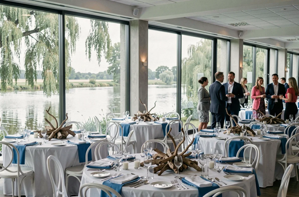 Salle de réception des Salles du Bord de l'Oise avec vue panoramique sur la rivière et tables décorées aux tons bleus et blancs