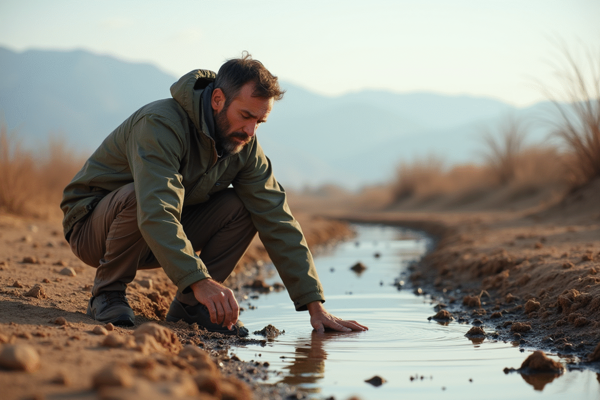 Scientiste environnement en pleine nature mesure l'eau d'une rivière asséchée