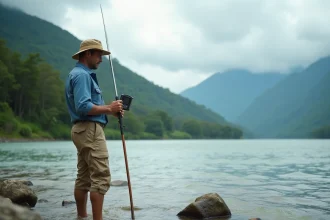 Scientiste homme au bord de la rivière avec GPS et bâton