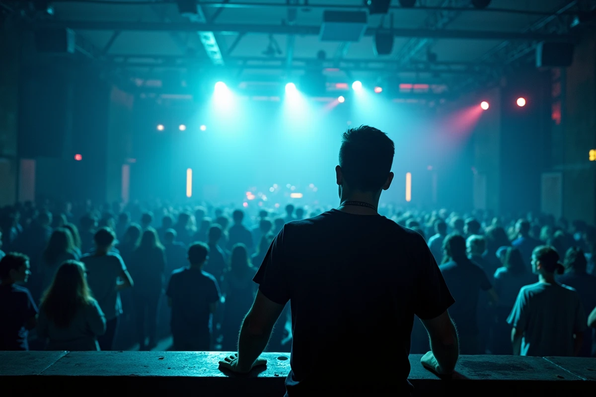 Agent de sécurité surveillant la piste de danse dans une boîte électro parisienne en soirée