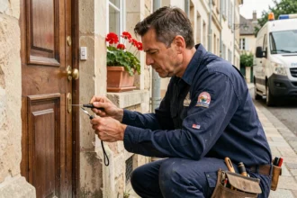 Serrurier professionnel en Seine-et-Marne intervenant sur une serrure de porte d'entrée résidentielle