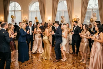 Groupe d'adultes festifs dansant lors d'une soirée organisée pour le Nouvel An 2026 dans une salle de réception élégante avec piste de danse