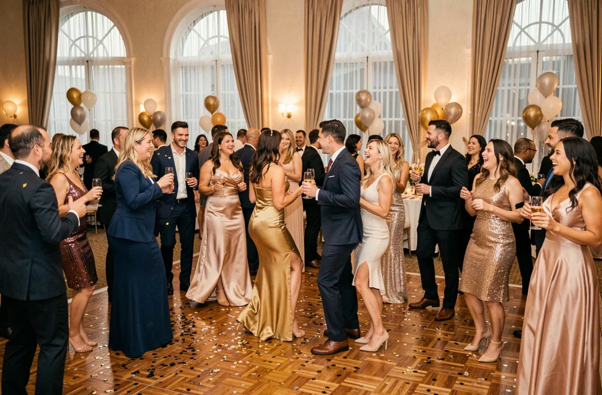 Groupe d'adultes festifs dansant lors d'une soirée organisée pour le Nouvel An 2026 dans une salle de réception élégante avec piste de danse
