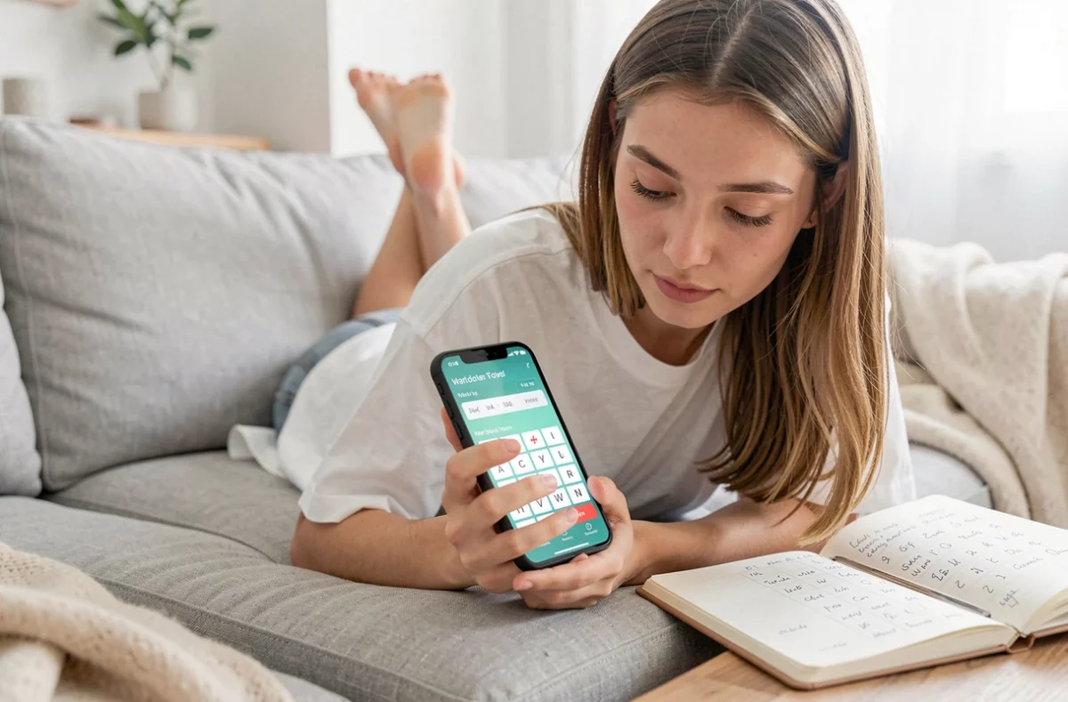 Jeune femme résolvant un mot avancé avec une application de solver sur smartphone avec jokers et lettres filtrées