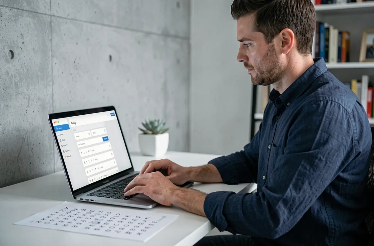 Homme utilisant un solver de mots en ligne avec filtres de lettres placées et jokers sur ordinateur portable