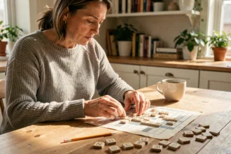 Femme utilisant des lettres physiques pour résoudre un mot croisé avancé avec filtres et jokers