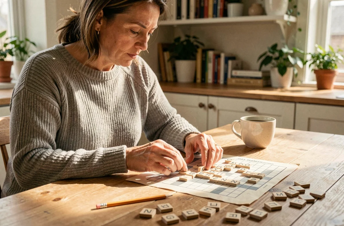 Femme utilisant des lettres physiques pour résoudre un mot croisé avancé avec filtres et jokers