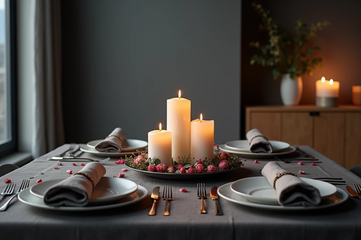 Table dressée pour un dîner romantique à la bougie à la maison avec bougies piliers, pétales de rose et couverts élégants