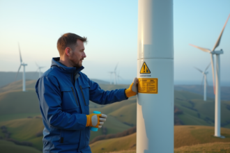 Technicien vérifiant sécurité sur une éolienne en plein air