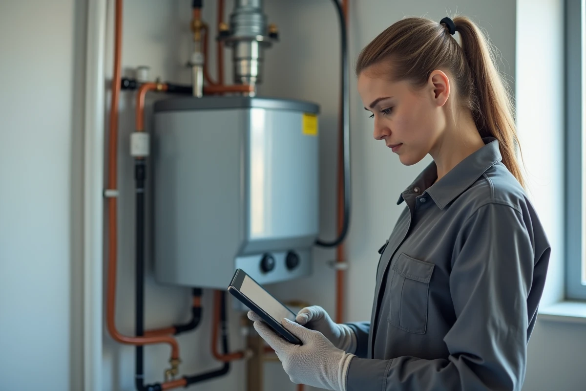 Technicienne HVAC diagnostiquant un système de chauffage hydrodynamique avec une tablette numérique dans une chaufferie résidentielle moderne