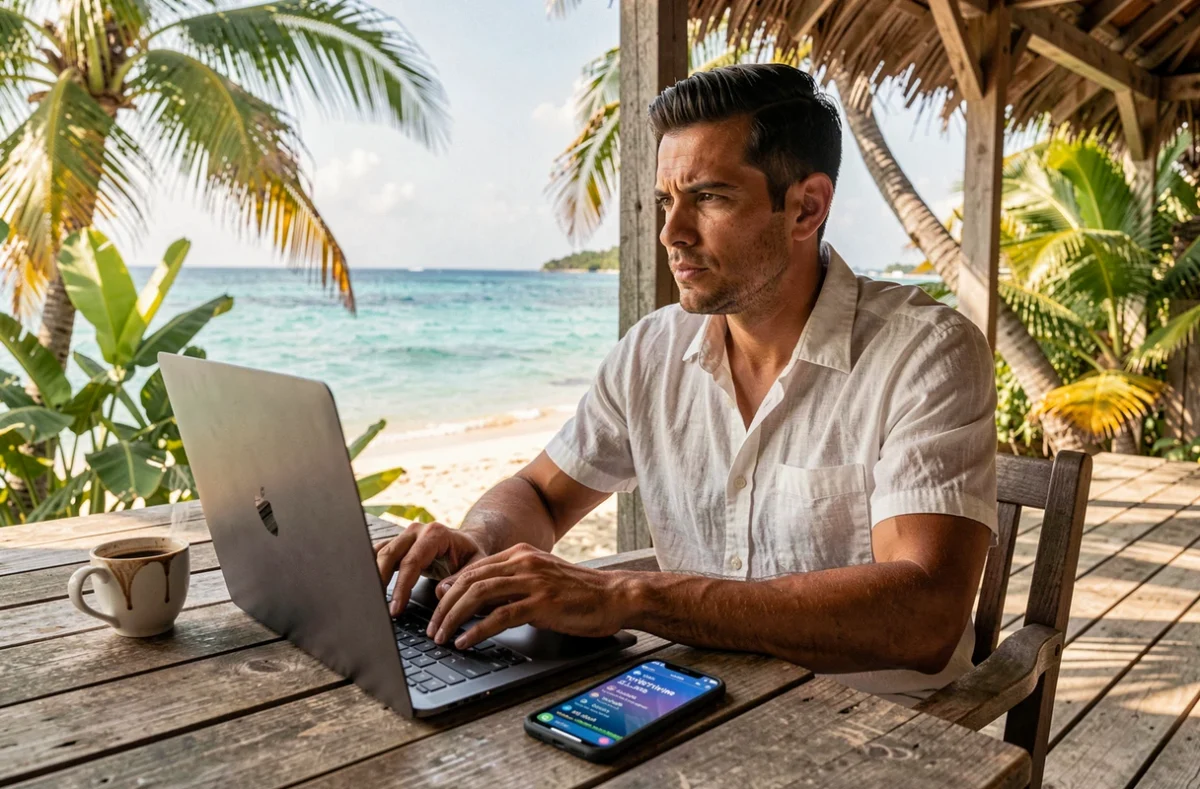 Homme en télétravail depuis la Martinique consultant l'heure locale sur son téléphone pour coordonner un appel professionnel