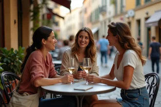 Groupe d'amis attablés en terrasse d'un bar à Cholet pour papoter autour d'un verre