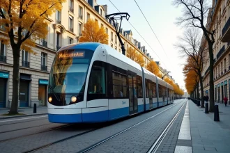Tramway ligne E de Bordeaux circulant dans une rue bordée de bâtiments haussmanniens et d'arbres en automne